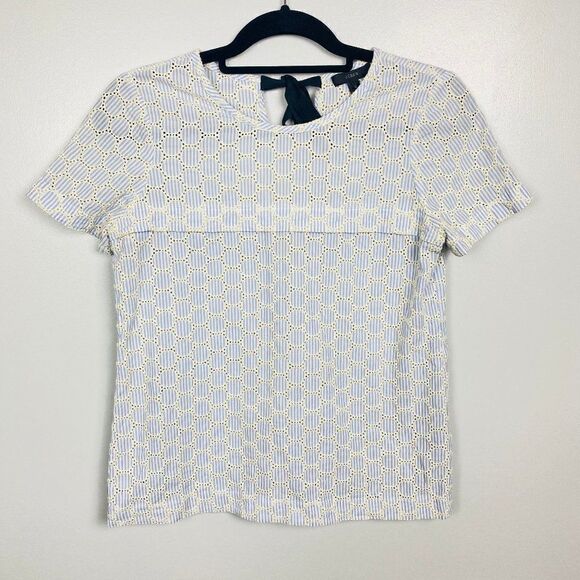 J. Crew Size 2 Blue & White Striped Seersucker Eyelet Tie Back Blouse Top - Picture 4 of 10